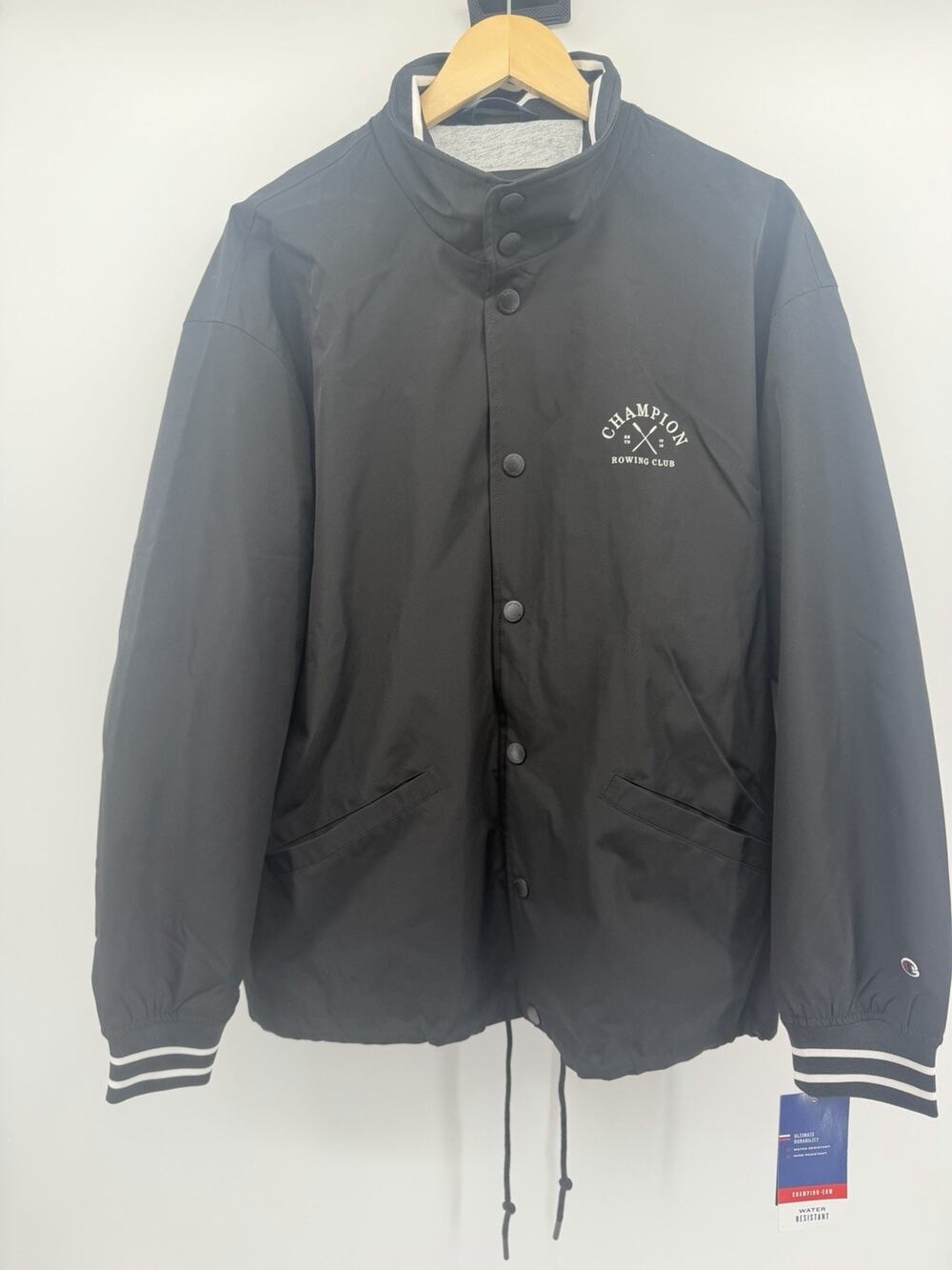 Champion Rowing Club Jacket Mens M Black Water Resistant Snap Front NWT